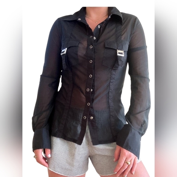 Bisou Bisou Sheer Black Top Size M Snap Front Buckle Pocket Shirt Cyber Goth - Picture 1 of 13